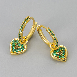 Green Brass Micro Pave Cubic Zirconia Hoop Dangle Earrings, Heart, Golden, Green, 20.34x7.95mm