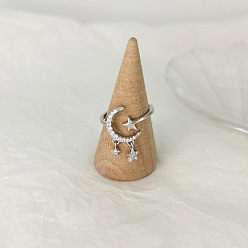 Платина Кольца-манжеты со звездами и луной, покрытые родием 925 из стерлингового серебра с микропаве из прозрачных кубических цирконий, платина, внутренний диаметр: регулируемый