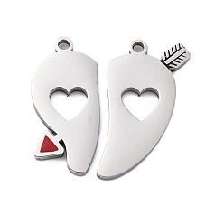 Нержавеющая Сталь Цвет 304 из нержавеющей стали эмали сплит подвески, слева и справа, прелести для пар, сердце со стрелой, цвет нержавеющей стали, 22~24x12~14x2 мм, отверстие : 1.6 мм, 2 шт / комплект