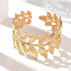 Golden 304 Stainless Steel Cuff Bangles, Leaf, Golden, Inner Diameter: 1.97 inch(5cm)
