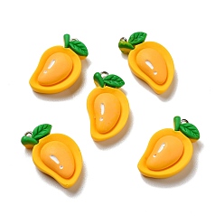 Orange Opaque Resin Pendants, with Platinum Tone Iron Loops, Imitation Fruit, Mango, Orange, 29.5x17x8mm, Hole: 2mm