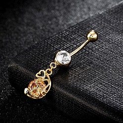 Orange Piercing-Schmuck, umweltfreundlicher Nabelring aus Zirkonoxid aus Messing, Bauchringe, mit chirurgischem Edelstahlstab, echt 18 k vergoldet, orange, 40x9 mm, Stange: 15 Spurweite(1.5mm), Stangenlänge: 3/8"(10mm)