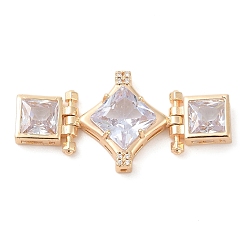 Настоящее золото 18K Латунные микропаве прозрачные многонитевые звенья из циркония, ромбовидные квадратные стеклянные звенья, без кадмия, без никеля и без свинца, реальный 18 k позолоченный, 21.5x44x6.5 мм, отверстие : 1.1~1.2x1.6~2.6 мм