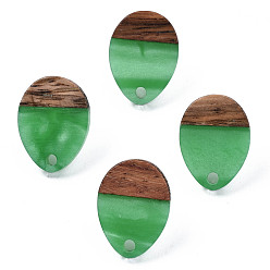 Medium Sea Green Resin & Walnut Wood Stud Earring Findings, with 304 Stainless Steel Pin, Teardrop, Medium Sea Green, 17x13mm, Hole: 1.8mm, Pin: 0.7mm