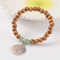 Зеленый Авантюрин Круглый лес и зеленый авантюрин бисером простирания шарм браслеты, с плоской круглой с деревом жизни тибетскими подвески стиль, 58 мм