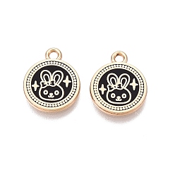 Черный Стойки обшивки сплава эмали подвески, плоский круглый с подвесками в виде кролика, золотые, чёрные, 14.5x12x1.5 мм, отверстие : 1.6 мм
