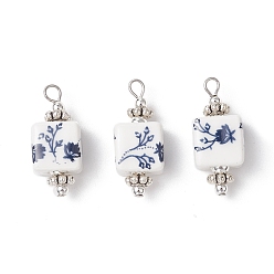 Платина Подвески из фарфора ручной работы с принтом, кубические, с тибетским стилем сплава и латуни, платина, 25x10.5x10 мм, отверстие : 2.5 мм