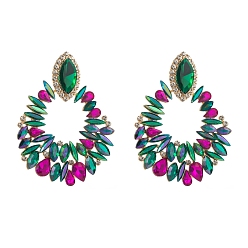 Emerald Alloy Rhinestone Stud Earring, Teardrop, Emerald, 65x50mm
