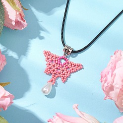 Pink Стеклянные бусины бисерные бабочки подвески ожерелья, ожерелье из вощеного хлопкового шнура для женщин, розовые, 17.68 дюйм (44.9 см)