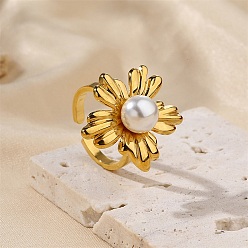 Золотой 304 Открытые кольца-манжеты из нержавеющей стали и пластика с жемчугом для женщин, цветок, золотые, Цветок: 23x22.5 мм, 17 мм