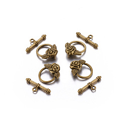 Antique Golden Tibetan Style Toggle Clasps, Lead Free & Cadmium Free & Nickel Free, Antique Golden, Flower: 18x19mm, Bar: 4x24mm, Hole: 2mm