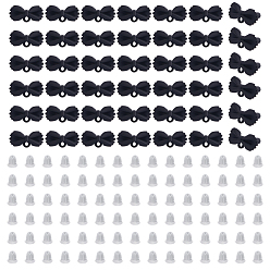 Black 42Pcs Alloy Stud Earring Findings, with Sterling Silver Pins, Bowknot, with Loop, with 84Pcs Plastic Ear Nuts, Black, 8.5x18mm, Hole: 1.6mm, Pin: 1mm