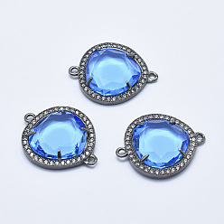 Light Sky Blue Brass Micro Pave Cubic Zirconia Links, with Glass, Faceted, teardrop, Gunmetal, Light Sky Blue, 28x23x5mm, Hole: 1.6mm