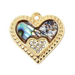 Раковина Природные пауа оболочки подвески, подвески в форме сердца с 304 оправами из хрустальных страз из нержавеющей стали, ионное покрытие (ip), реальный 18 k позолоченный, 18x18x2~3 мм, отверстие : 1.4 мм