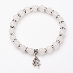 Natural Agate Natural Agate Charm Bracelets, Stretch Bracelets, with Alloy Clover Pendants, Antique Silver, 2-1/4 inch(57mm)