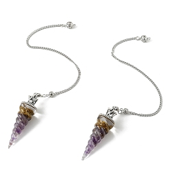 Amethyst Resin Dowsing Pendulum Pendants with Natural Amethyst Chips inside and Iron Chain & Alloy Caps, Cone Charms, 280mm, Hole: 2mm