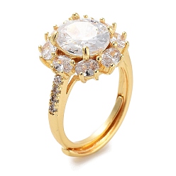 Прозрачный Цветочная стойка покрытие латунь микропаве кубический цирконий регулируемые кольца для женщин, долговечный, без свинца и без кадмия, прозрачные, Цветок: 15.5x15 мм, внутренний диаметр: 17 мм