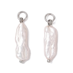 Платина 3шт 3 цвета натуральный жемчуг кеши подвески, Подвески-наггетсы с 304 кольцами из нержавеющей стали, кремово-белые, платина, 20~23x5.5~6x3.5~4.5 мм, отверстие : 3.5 мм