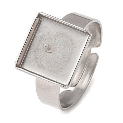 Stainless Steel Color Adjustable 304 Stainless Steel Finger Rings Components, Pad Ring Base Findings, Squara, Stainless Steel Color, 11mm,17mm, Tray Size: 10x10mm