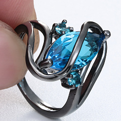 Темно-Голубой Кольца для женщин с конским глазом и кубическими цирконами из латуни, металлический черный , глубокое синее небо, размер США 9 (18.9 мм)