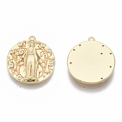Прозрачный Латунные микропаве прозрачные подвески с фианитом, без никеля , плоские круглые с Девой Марией, реальный 18 k позолоченный, 18.5x16.5x2 мм, отверстие : 1 мм