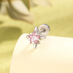 Pink Серьги-звезды с латунным паве из кубического циркония на хрящ, с 304 штифтов из нержавеющей стали, цвет нержавеющей стали, розовые, 7.3x6.5 мм