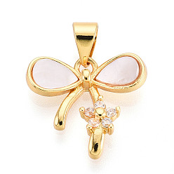 Настоящее золото 18K Латунные микропаве прозрачные подвески с фианитом, без кадмия и без свинца, с оболочкой, бантом, реальный 18 k позолоченный, 15x16.5x3.5 мм, отверстие : 5x3.5 мм