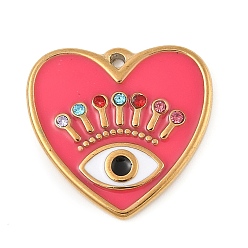 Светло-Вишневый 304 нержавеющей стальной эмали подвески, со стразами, сердце с очаровательными глазами, реальный 18 k позолоченный, вакуумное покрытие pvd, светло-вишневый, 23x24x3 мм, отверстие : 1.4 мм