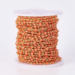 Коралловый Ручной цепи стекло бисером, пайки, с латунной фурнитурой , с катушкой, долговечный, золотые, кубические, коралл, 2.3~2.8x2.3~2.8x2.3~2.8 мм, 2 мм, около 32.8 футов (10 м) / рулон