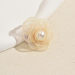 White Chiffon with Plastic Pearl Finger Rings for Women, Flower, White, 16~18mm
