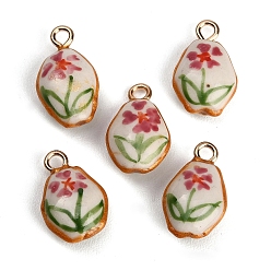 Cerise Handmade Porcelain with Brass Pendants, Oval with Flower Charms, Hand Painted, Famille Rose Porcelain, Golden, Cerise, 20.5x13~13.5x7~7.5mm, Hole: 3mm