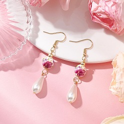 Ярко-Розовый Круглые с цветочным узором фарфоровые керамические серьги-подвески, с 304 нержавеющей стали серьги крючки, с имитацией жемчуга в форме капли, ярко-розовый, 57~58x10 мм
