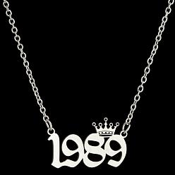 Number Год рождения короны 201 ожерелья из нержавеющей стали для женщин, цвет нержавеющей стали, число 1989, 17.72 дюйм (45 см)