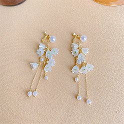 Light Sky Blue Flower Plastic Imitation Pearl Dangle Clip-on Earrings, Golden Alloy Chains Tassel Earrings, Light Sky Blue, 24~90mm