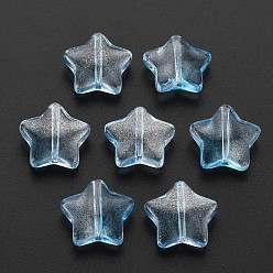 Light Sky Blue Two Tone Transparent Spray Painted Glass Beads, with Glitter Powder, Star, Light Sky Blue, 12.5x13x5mm, Hole: 1mm