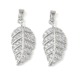 Платина Латунные микропаве прозрачные кубические циркониевые подвески, лист прелести, долговечный, платина, 23x11.5x2.5 мм, отверстие : 4x2.5 мм