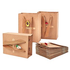 Bois Solide Cadeau papier kraft sacs, avec une poignée, rectangle avec fleur et mot, burlywood, 16x12x0.6 cm, 4 ensembles / style, 12, affecte