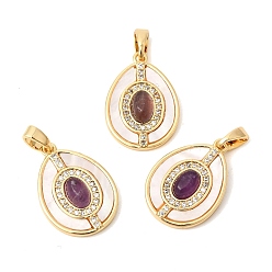 Аметист Подвески из натурального аметиста с ракушками, Подвески в форме капли с латунными микропаве из прозрачных кубических цирконий., реальный 18 k позолоченный, 19~19.5x13.5~14x4.5~5 мм, отверстие : 2.5x4.8 мм