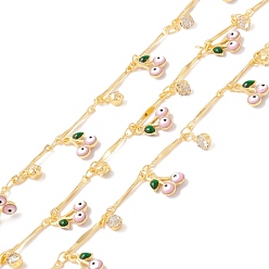 Бледно-Розовый Латунные бар шарнирные цепи, с эмалированной вишней и стеклянной плоской круглой подвеской, пайки, с катушкой, без свинца и без кадмия, золотые, розовый жемчуг, ссылка: 2.5x4x0.5 mm