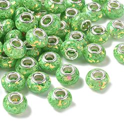 Зеленый лайм Прозрачные европейские бусины-рондель из смолы, с лунными блестками и латунными сердечниками платинового тона, бусины с большим отверстием, зеленый лайм, 14x8.5 мм, отверстие : 5 мм