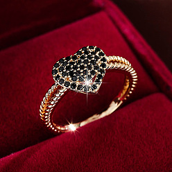 Черный Кольца для женщин с микропаве из латуни и кубическими цирконами, сердце, золотые, чёрные, размер США 7 (17.3 мм)