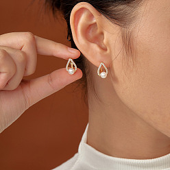 Золотой Серьги-гвоздики из латуни с каплевидным паве и прозрачным фианитом, с имитацией жемчуга, золотые, 17x10 мм
