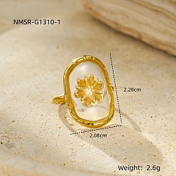 Цветок Стабилизированные цветы 304 открытые кольца-манжеты из нержавеющей стали и эпоксидной смолы для женщин, золотые, цветок, 22.8x20.8 мм, размер США 4 1/4~14 (15~23 мм)