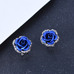 Средно-синий Серьги сплава горный хрусталь, цветок, платина, светло-синий, 18x18 мм
