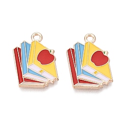 FireBrick Back to School Alloy Enamel Pendants, Book & Apple Charms, Light Gold, FireBrick, 21x15x1mm, Hole: 1.8mm