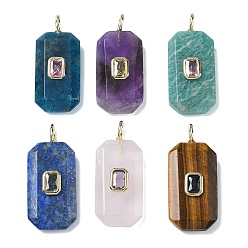 Смешанные камни Граненые подвески из натуральных смешанных камней, прямоугольные подвески с латунной микропаве кубическими цирконами случайных цветов, золотые, 34.5x15x6 мм, отверстие : 4x2 мм