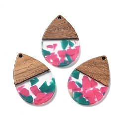 Темно-Розовый Подвески из смолы и ореха, слеза, темно-розовыми, 36.5x24.5x2.5 мм, отверстие : 2 мм