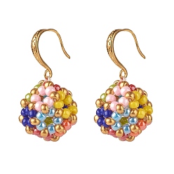 Colorful MIYUKI Round Rocailles Beads, Japanese Seed Beads Dangle Earrings, Opaque Colours Luster, Brass Earring Hooks, Colorful, 33mm, Pin: 0.8mm