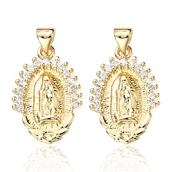 Real 18K Gold Plated Brass Pendants, with Clear Cubic Zirconia, Oval with Religion Virgin Mary Charm, Real 18K Gold Plated, 22x14.5x2mm, Hole: 5x3mm