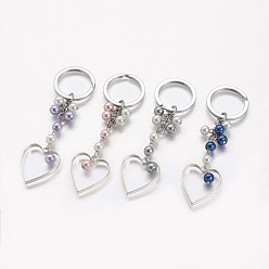Mixed Color Glass Pearl Beads Keychain, with Alloy Heart Pendants, Mixed Color, 101mm